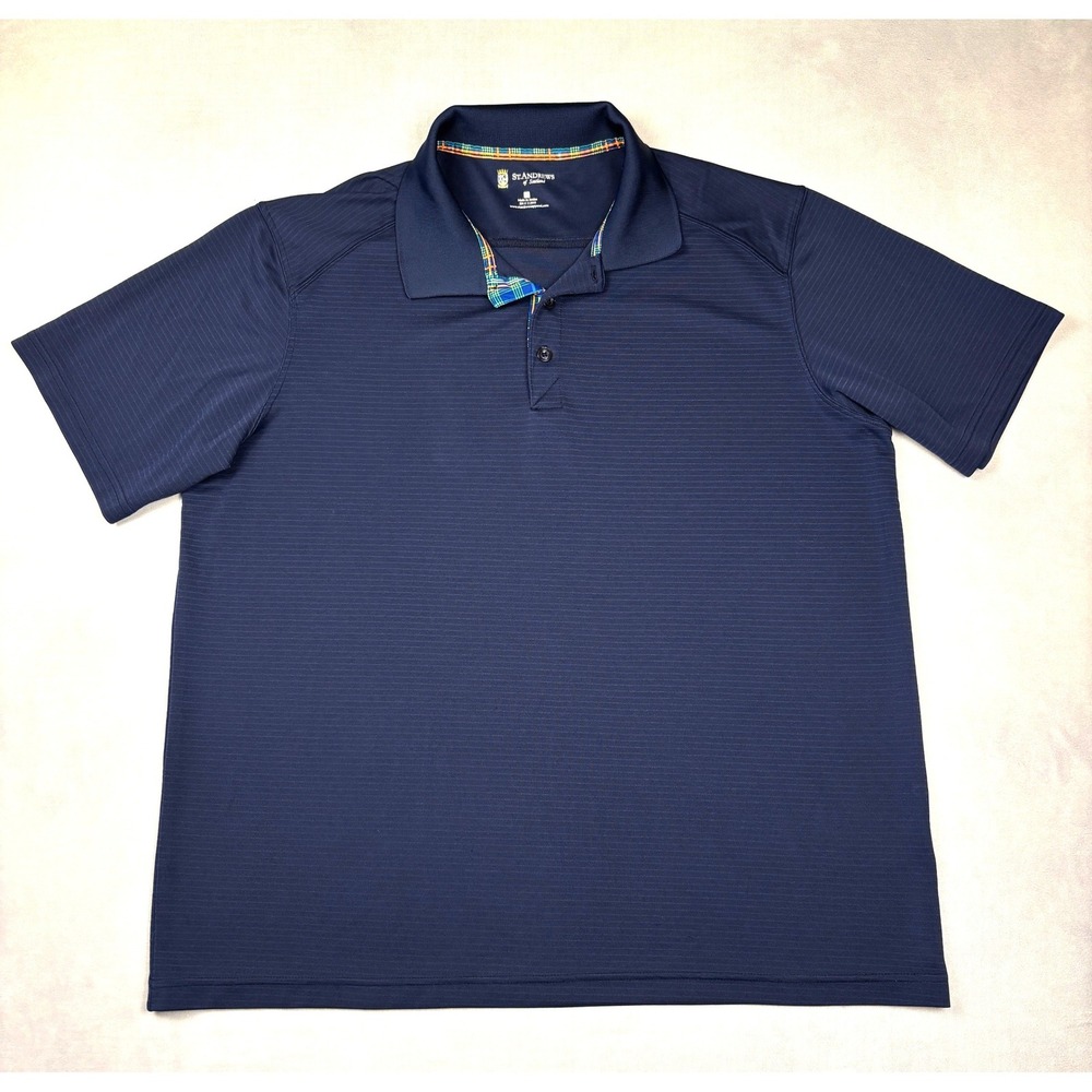 St. Andrews of Scotland Mens XL Polo Shirt Navy Blue Plaid Trim Golf Performance
